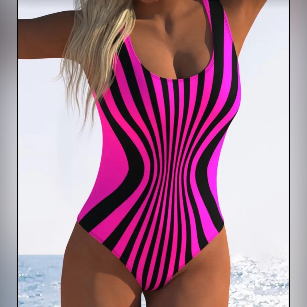Women’s Pink & Black One-Piece Swimsuit - Striped Optical Design